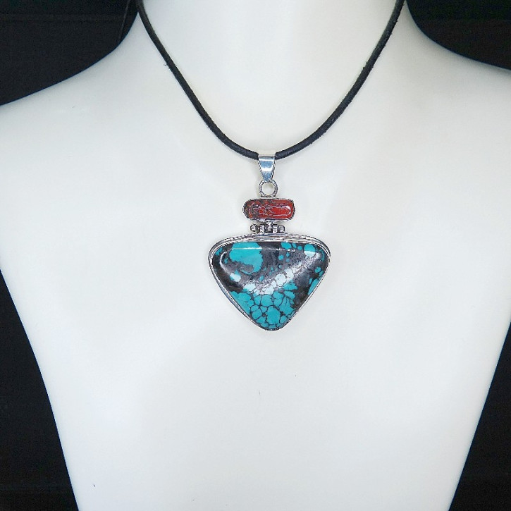 Anhänger 925/- mit Türkis und Wurzelkoralle