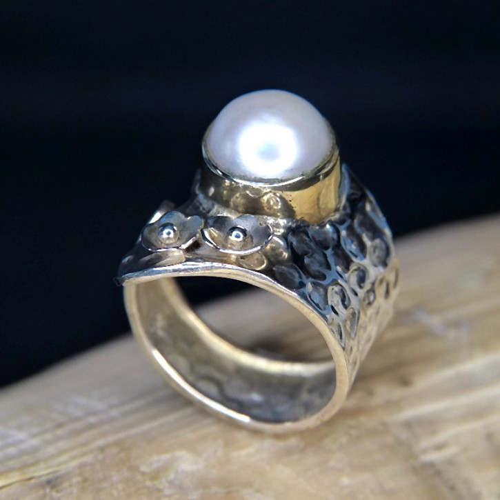 Silberring mit Perle W16,5 bis 18,5