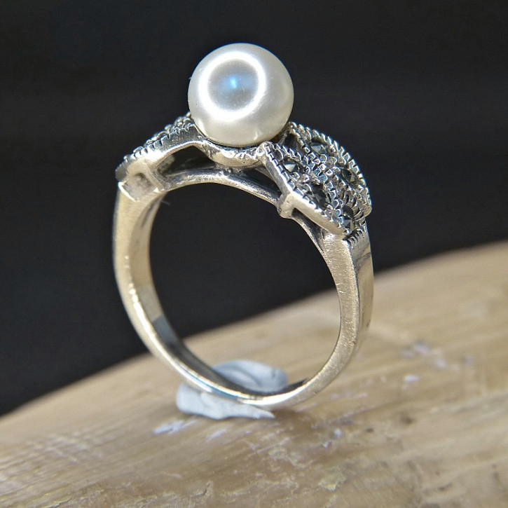 Silberring mit Markasit und Perle W17,8