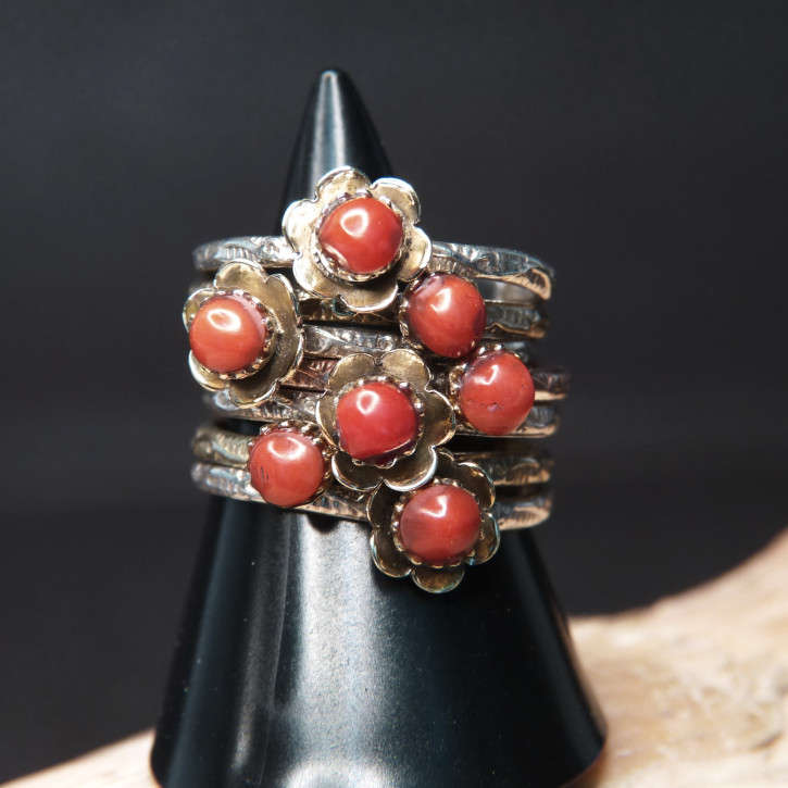 7er-Set Silberring mit Koralle W17,5