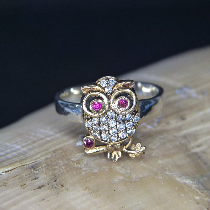 Silberring mit Eulenmotiv Größe 57 (Ø ca. 18,2 mm) / Rubin