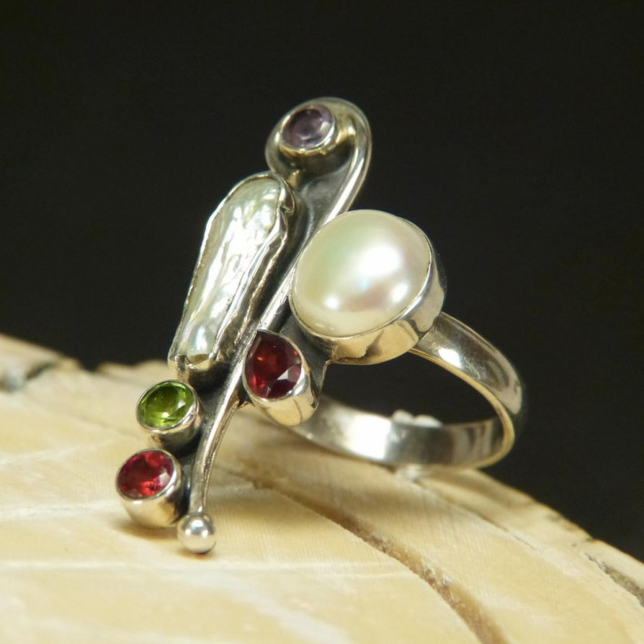 Silberring mit Perlen und echten Steinen Größe 54 (Ø ca. 17,2 mm)