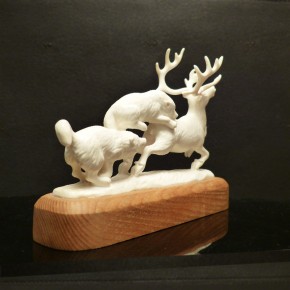 Jagdszene Rentier mit Wölfen