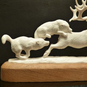 Jagdszene Rentier mit Wölfen