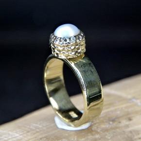 Silberring vergoldet mit Perle Größe 56 (Ø ca. 17,8 mm) / Zuchtperle weiß