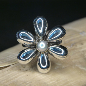 Silberring "Blume'" mit Stein oder Perle Größe 56 (Ø ca. 17,8 mm) / Perle hellgrau