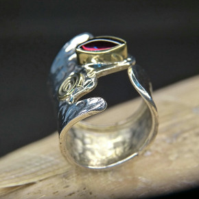 breiter Silberring mit Stein oder Perle Größe 55 (Ø ca. 17,5 mm) / Granat