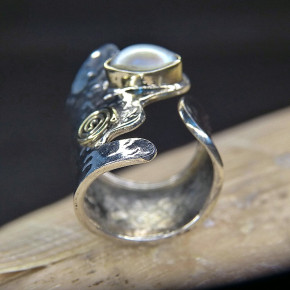 breiter Silberring mit Stein oder Perle Größe 55 (Ø ca. 17,5 mm) / Süßwasserperle