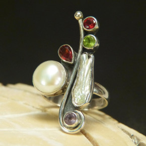 Silberring mit Perlen und echten Steinen Größe 54 (Ø ca. 17,2 mm)